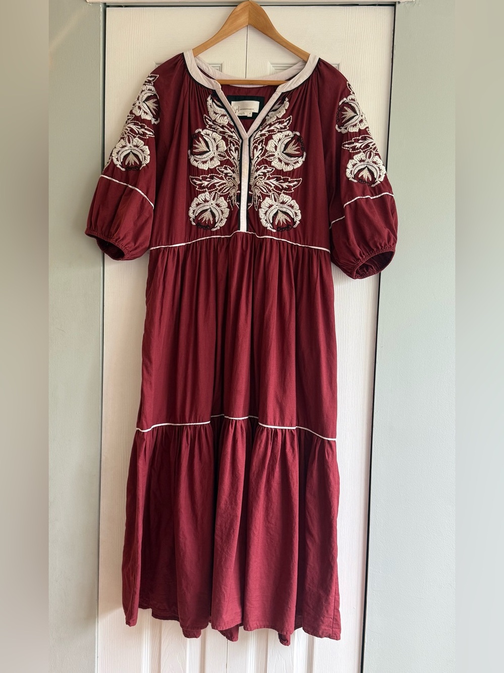 Anthropologie Gretel Embroidered Tiered Maxi Dress Size LP Fall Boho Peasant - Picture 2 of 11